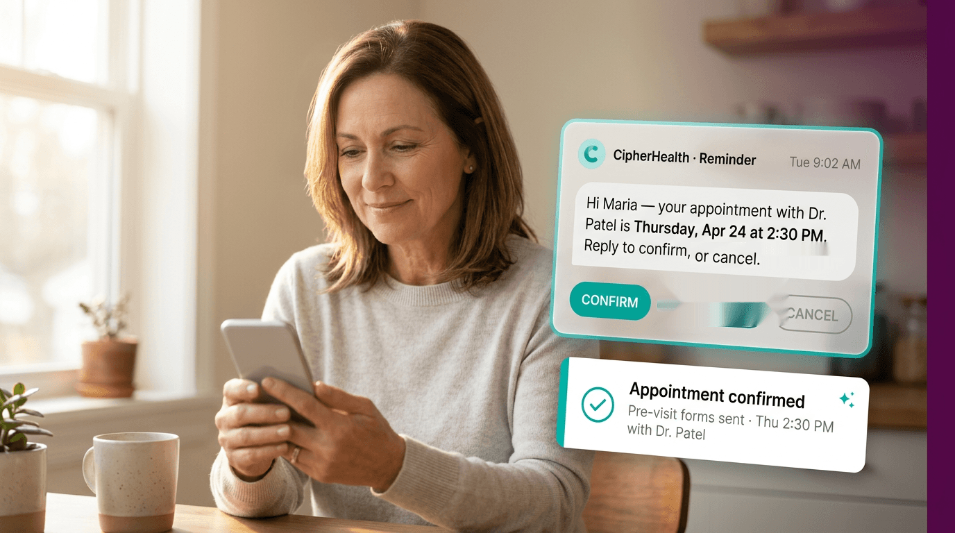 Patient confirming an appointment reminder with options to reschedule or cancel