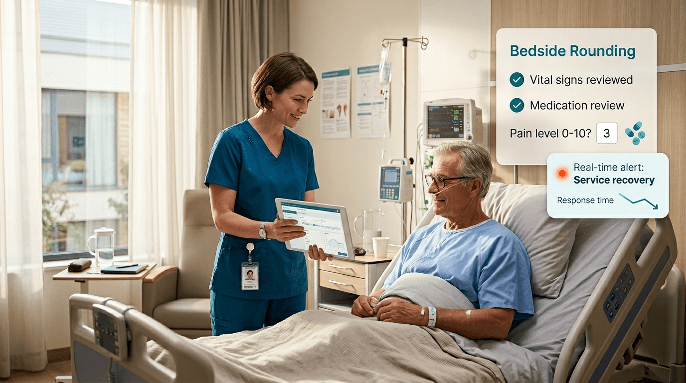 Nurse using a tablet during a structured digital rounding session