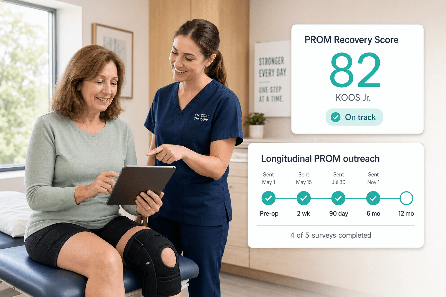 Post-operative knee patient completing a PROM survey on a tablet with a physical therapist, alongside a KOOS Jr. recovery score and a longitudinal outreach timeline showing pre-op, 2-week, 90-day, 6-month, and 12-month survey touchpoints