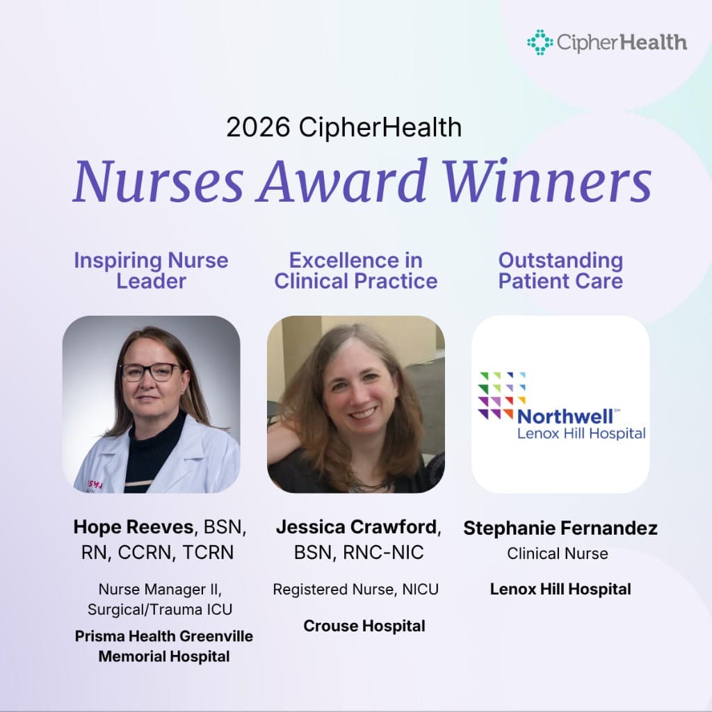 The 2026 CipherHealth Nurses Award winners: Hope Reeves, Jessica Crawford, and Stephanie Fernandez.
