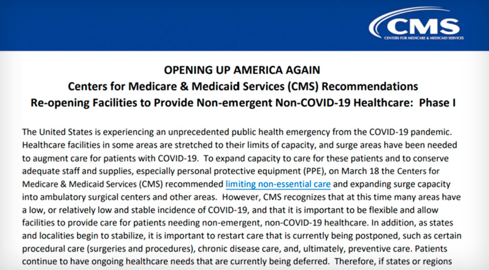 CMS guidelines for Opening Up America Again after COVID-19